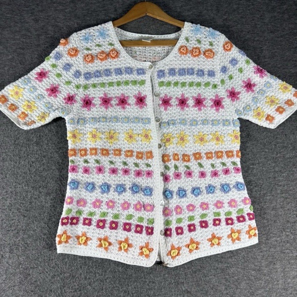 Northern Isles Women Hand Knitted CottageCore Short Sleeve Cardigan Sweater SZ S
